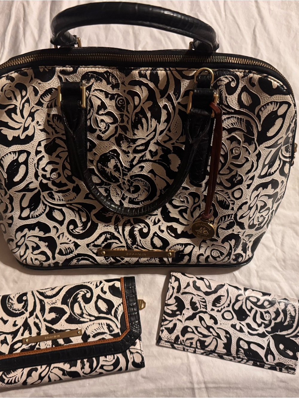 Brahmin Black and White Floral Mini Satchel with Matching Wallets